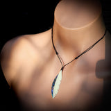 Natural Carved Maori Bone Carving Pendant Necklace - Feather With Paua Inlay
