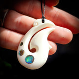 Natural Carved Maori Bone Carving Pendant Necklace - Hook With Paua Inlay