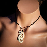 Manaia Double Koru Bone Carving & Greenstone Pendant Necklace - NZ Maori Inspired