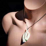 Natural Carved Maori Bone Carving Pendant Necklace - Double Hook With Paua Inlay