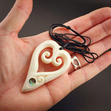Double Koru Heart Bone Carving Pendant Necklace