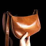 Genuine Leather Half Moon Hand Bag - Brown