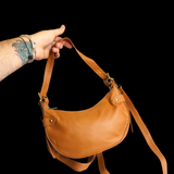 Genuine Leather Half Moon Hand Bag - Tan
