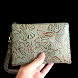 Genuine Leather Hand Tooled Clutch Purse - Brown & Green