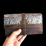 Genuine Leather Hand Tooled Vintage Brown & Turquoise Purse