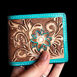 Genuine Leather Hand Tooled Wallet - Brown Turquoise