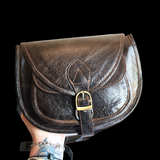 Genuine Leather Rounded Handbag - Chocolate Brown