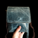 Genuine Leather Shoulder Bag - Grey Blue