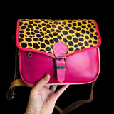 Genuine Leather & Cow Hair Shoulder Handbag - Patchwork Pink Leopard