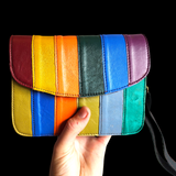 Genuine Leather Patchwork Shoulder Bag - Multi Color