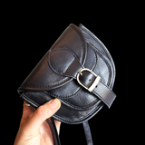 Genuine Leather Small Rounded Handbag - Black