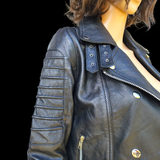 50% OFF SALE. Womens REAL Genuine Leather Jacket - Black Ribbed & Domed Side Zip