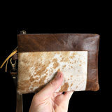 Genuine Leather & Cow Hair Clutch Purse - Brown