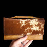 Genuine Leather & Cow Hair Clutch Purse - Tan