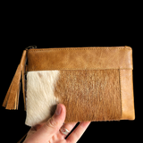Genuine Leather & Cow Hair Clutch Purse - Tan