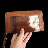 Genuine Leather & Cow Hair Hand Tooled Clutch Purse - Brown