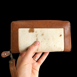 Genuine Leather & Cow Hair Hand Tooled Clutch Purse - Brown