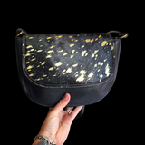 Genuine Leather & Cow Hair Shoulder Handbag - Black & Gold Splash