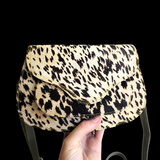 Genuine Leather & Cow Hair Hand Bag - Black & White Patchwork