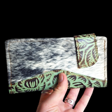 Genuine Leather & Cow Hair Purse - Green / Brown Hand Tooled
