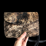 Genuine Leather & Cow Hair Rectangle Shoulder Bag - Black & Hair