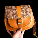 Genuine Leather & Cow Hair Rounded Handbag - Tan & Cow Hair
