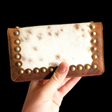 Genuine Leather & Cow Hair Rustic Studded Purse - Brown