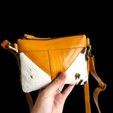 Genuine Leather & Cow Hair Shoulder Handbag - Tan