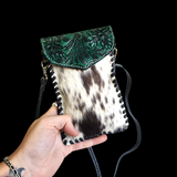 Genuine Leather & Cow Hair Shoulder Phone Bag - Green & Hair