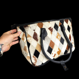 Genuine Leather & Cow Hair Large Tote Bag - Patchwork Black