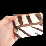 Genuine Leather & Cow Hair Double Zip Coin Purse - Brown / White