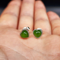 Nephrite Greenstone & Solid 925 Sterling Silver Heart Stud Earrings