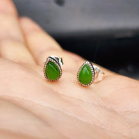 Nephrite Greenstone & Solid Silver Pear Stud Earrings