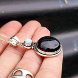 Solid 925 Sterling Silver & Natural Onyx & Larimar Handmade Double Stone Necklace