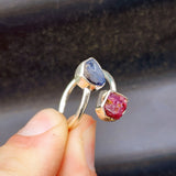 (Adjustable) Rustic 925 Sterling Silver, Natural Raw Ruby & Lolite Double Stone Ring