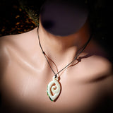 Natural Maori Bone Carving Pendant Necklace - Etched Koru Paua Pendant