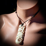 Natural Maori Bone Carving Pendant Necklace - Family of Manaia
