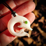 Dolphin Bone Carving & Greenstone Pendant Necklace - NZ Maori Inspired