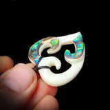 Natural Carved Maori Bone Carving Pendant Necklace - Triple Koru With Paua