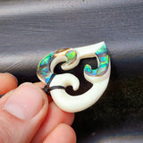 Natural Hand Carved Maori Bone Carving Pendant Necklace - Triple Koru With Paua