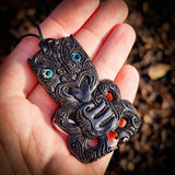 Hei Tiki Etched Black Bone Carving Pendant Necklace - NZ Maori Inspired
