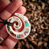 Koru With Paua Inlays Bone Carving Pendant Necklace - NZ Maori Inspired