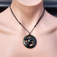 Natural Dark Greenstone Carved Triple Koru Pendant Necklace