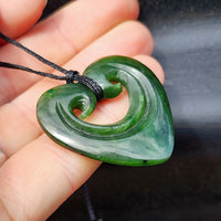 Natural Greenstone Double Koru Heart Carved Pendant Necklace
