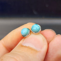 Natural Larimar & Solid Silver Round Stud Earrings