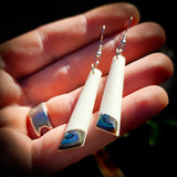 Natural Carved Maori Bone Carving Earrings - Rectangle Drops With Paua Bottoms