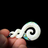 Natural Carved Maori Bone Carving Pendant Necklace - Etched Koru Twist - Paua Inlay