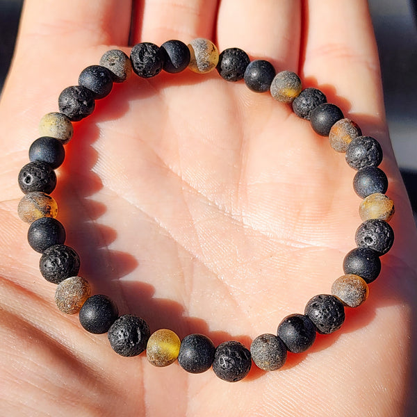 Natural Raw Green Amber Obsidian Lava Stones Elastic Bracelet amberj