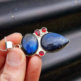 Rustic Handmade Solid 925 Sterling Silver & Natural Labradorite, Garnet Pendant Necklace