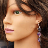 Rustic Sterling Silver & Natural Raw Amethyst Handmade 3x Setting Hanging Earrings